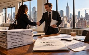 Two professionals shake hands in a bright office with city view.