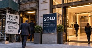 Businesspeople enter modern building with “SOLD” sign; foreclosed door nearby.